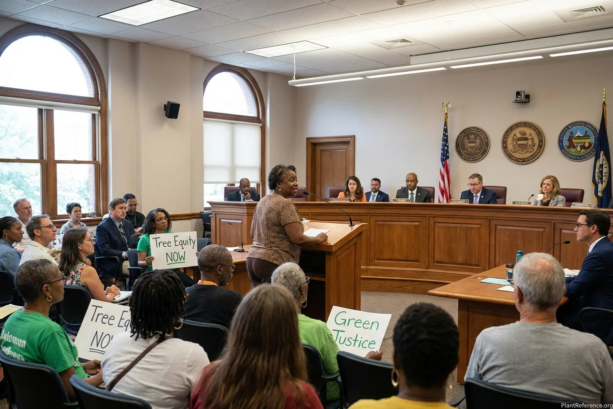 Community residents speaking at city council meeting about urban tree canopy equity policies