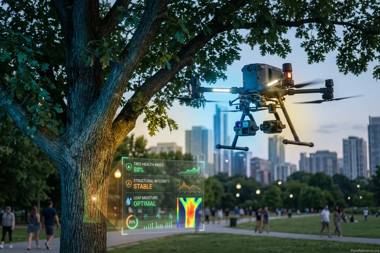 Autonomous drone with AI technology performing automated urban forest health monitoring and assessment