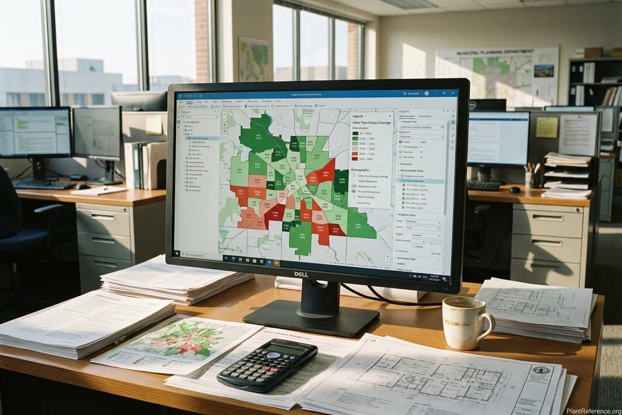 GIS software displaying urban tree canopy coverage analysis with demographic overlay for equity assessment