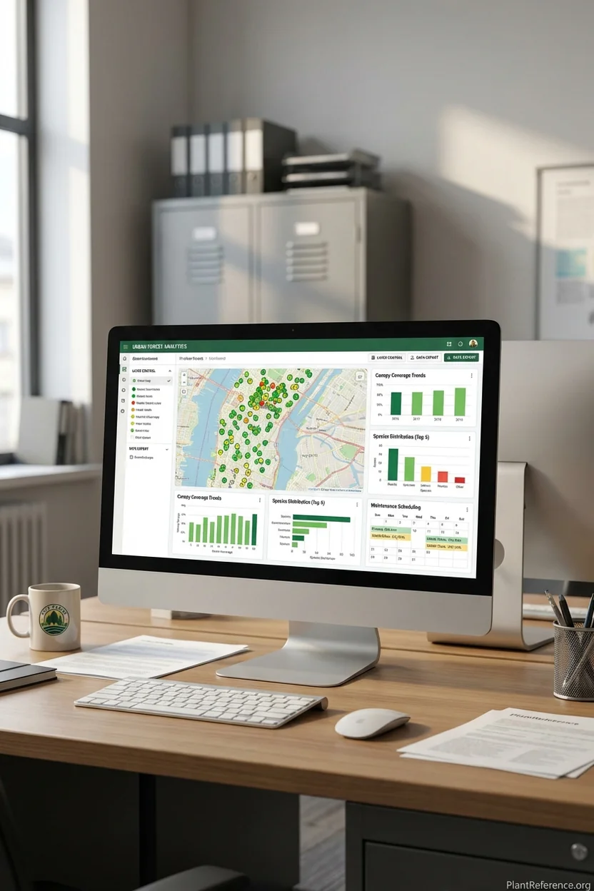 Urban forest management software dashboard displaying tree inventory data, health statistics, and interactive mapping features