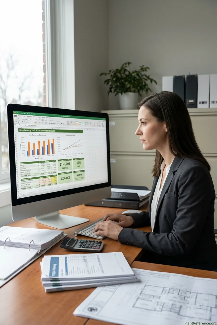 Cost-benefit analysis dashboard showing return on investment for urban forest management technology