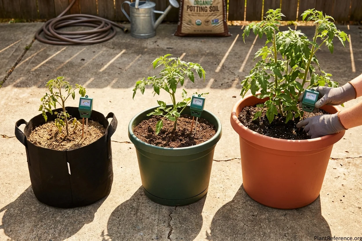Three different sized containers showing moisture meter readings and soil conditions