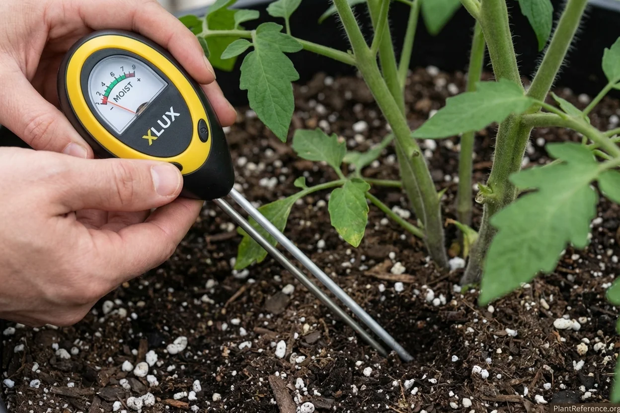 Proper moisture meter insertion technique in container tomato soil at correct depth