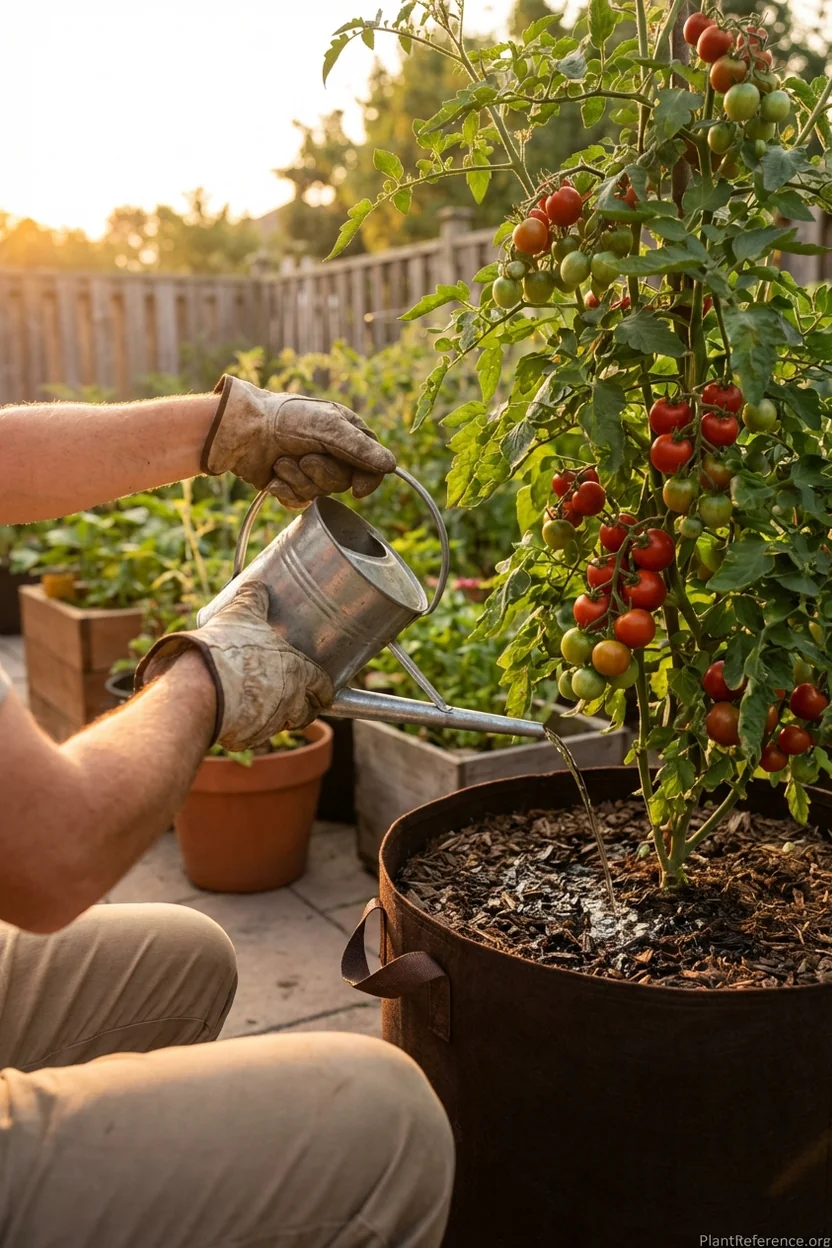 Hands watering container tomato with proper slow soaking technique at soil level