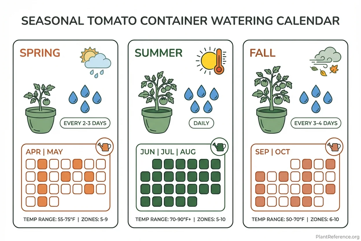 Container tomato watering schedule showing weekly timing by season and climate zone