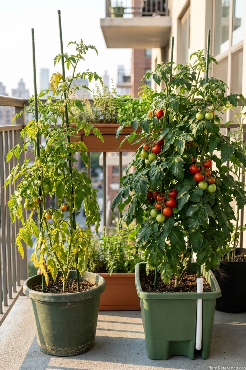 Side by side comparison of traditional container versus self-watering system showing plant health