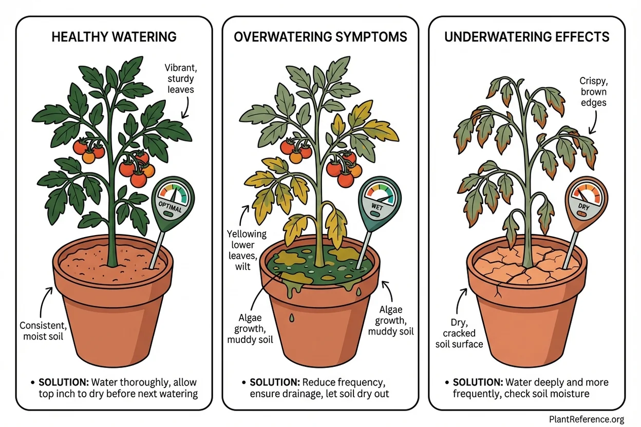 Visual guide showing blossom end rot, overwatering symptoms, and proper moisture levels