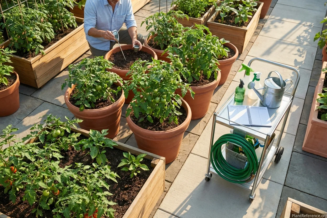Organized container garden showing systematic watering routine with tools and schedule