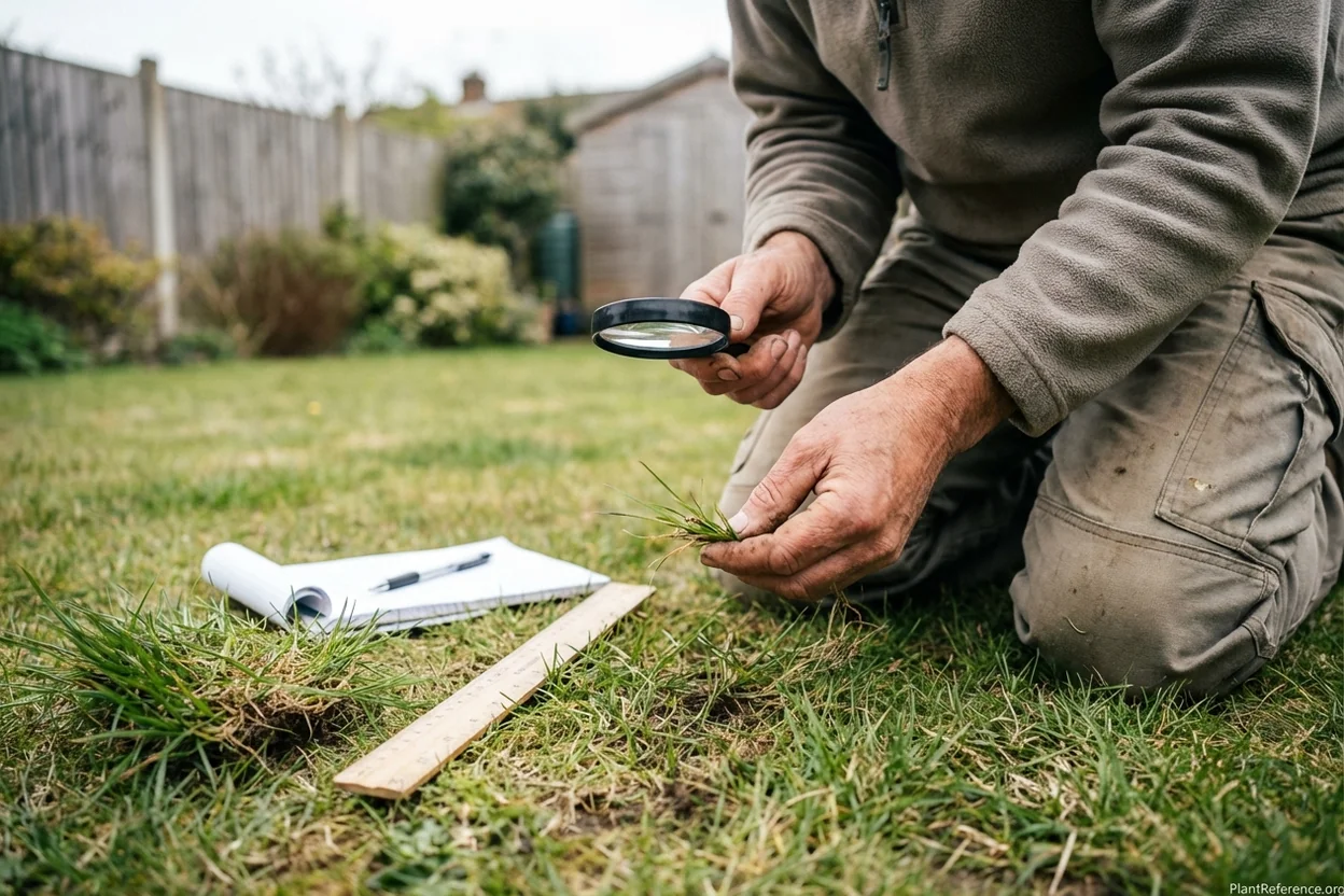 Homeowner kneeling on lawn examining grass blade width and tip shape for identification