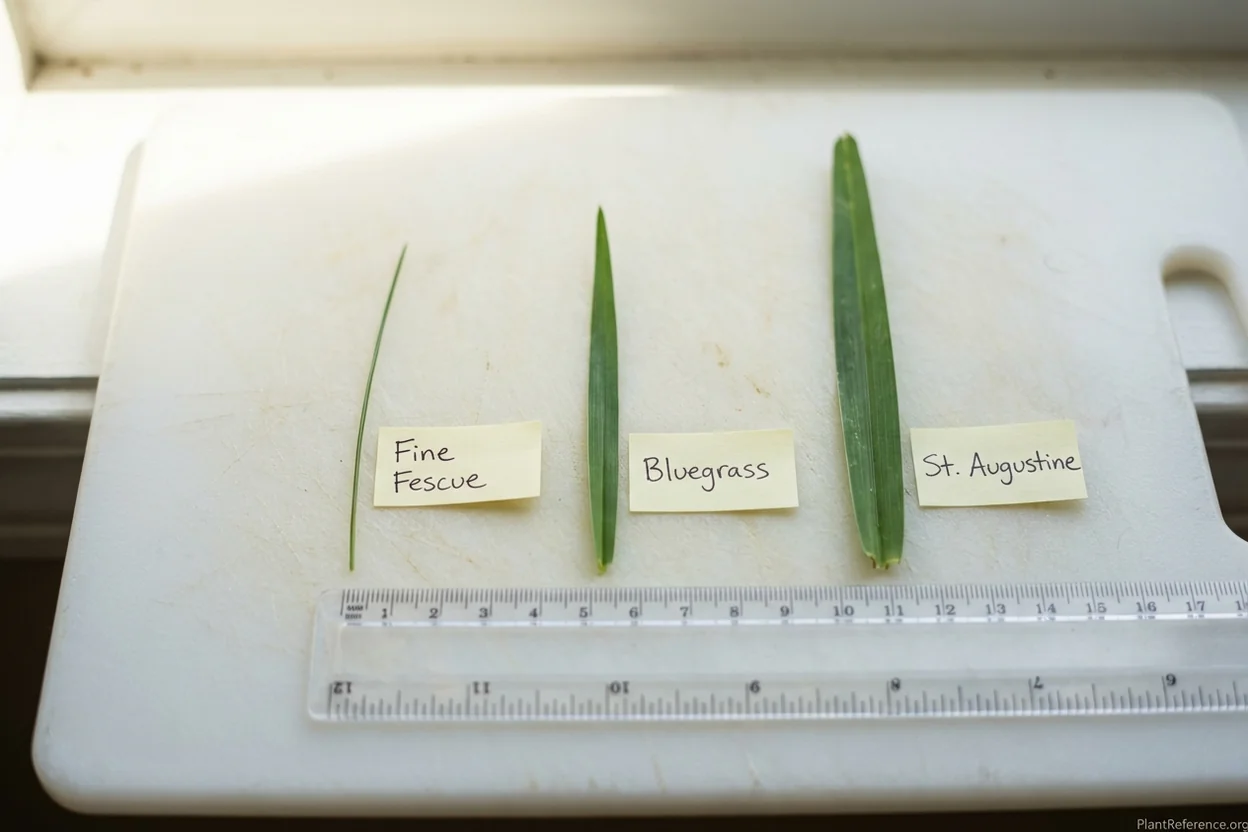 Fine medium and coarse grass blade width comparison with ruler showing millimeter measurements