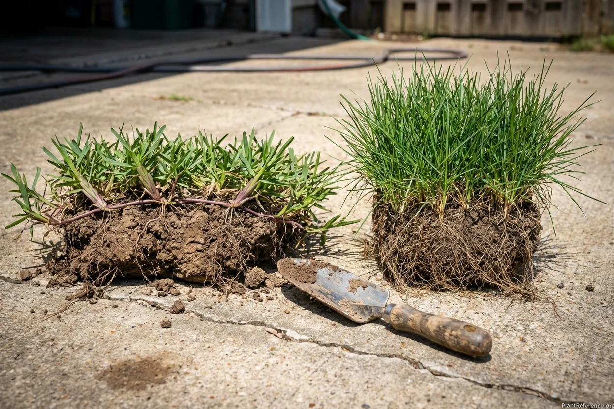 Grass growth habits compared showing above-ground stolons versus bunch-type clumping pattern