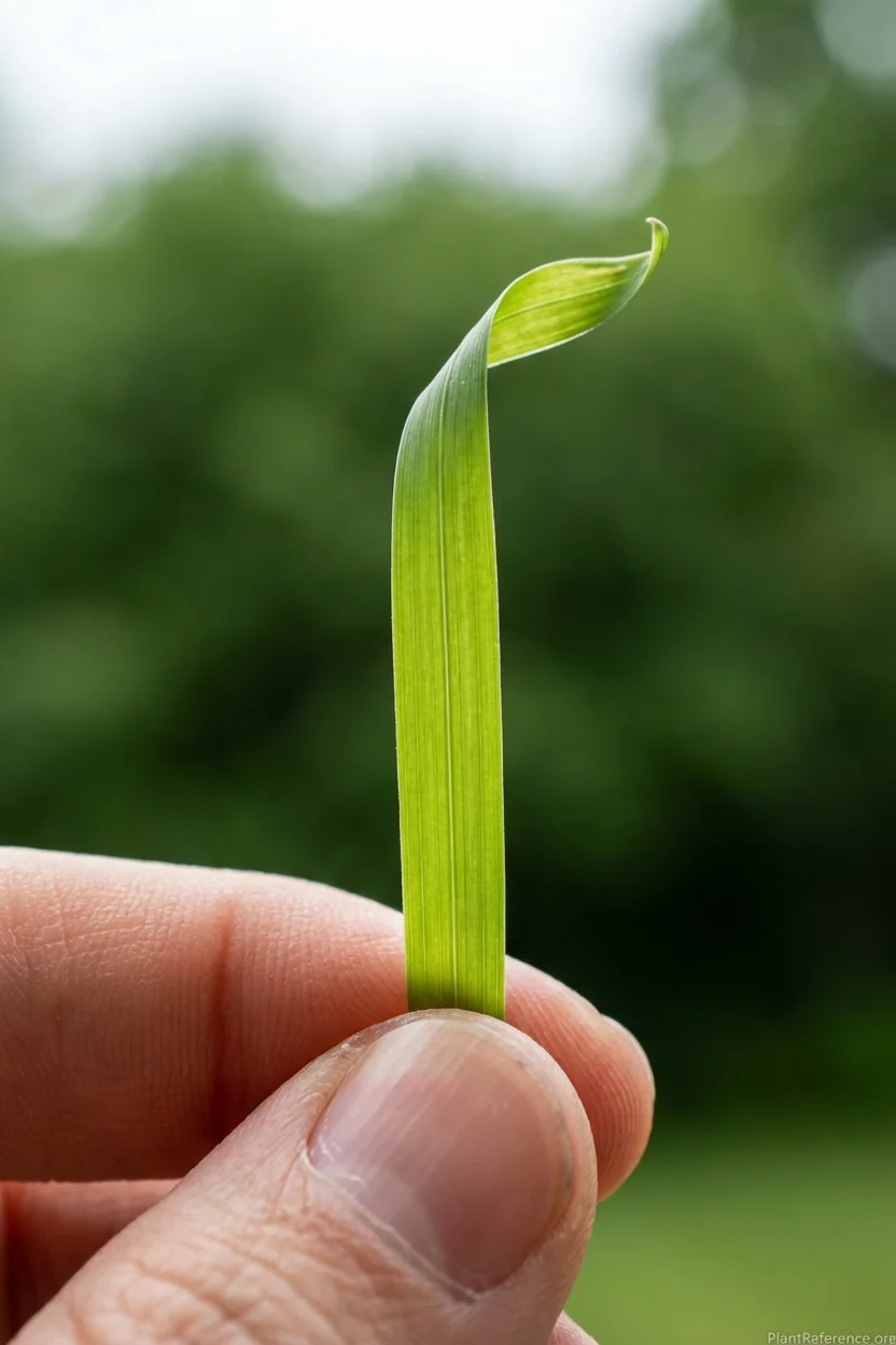 Kentucky bluegrass blade showing boat-shaped tip and train track lines for identification