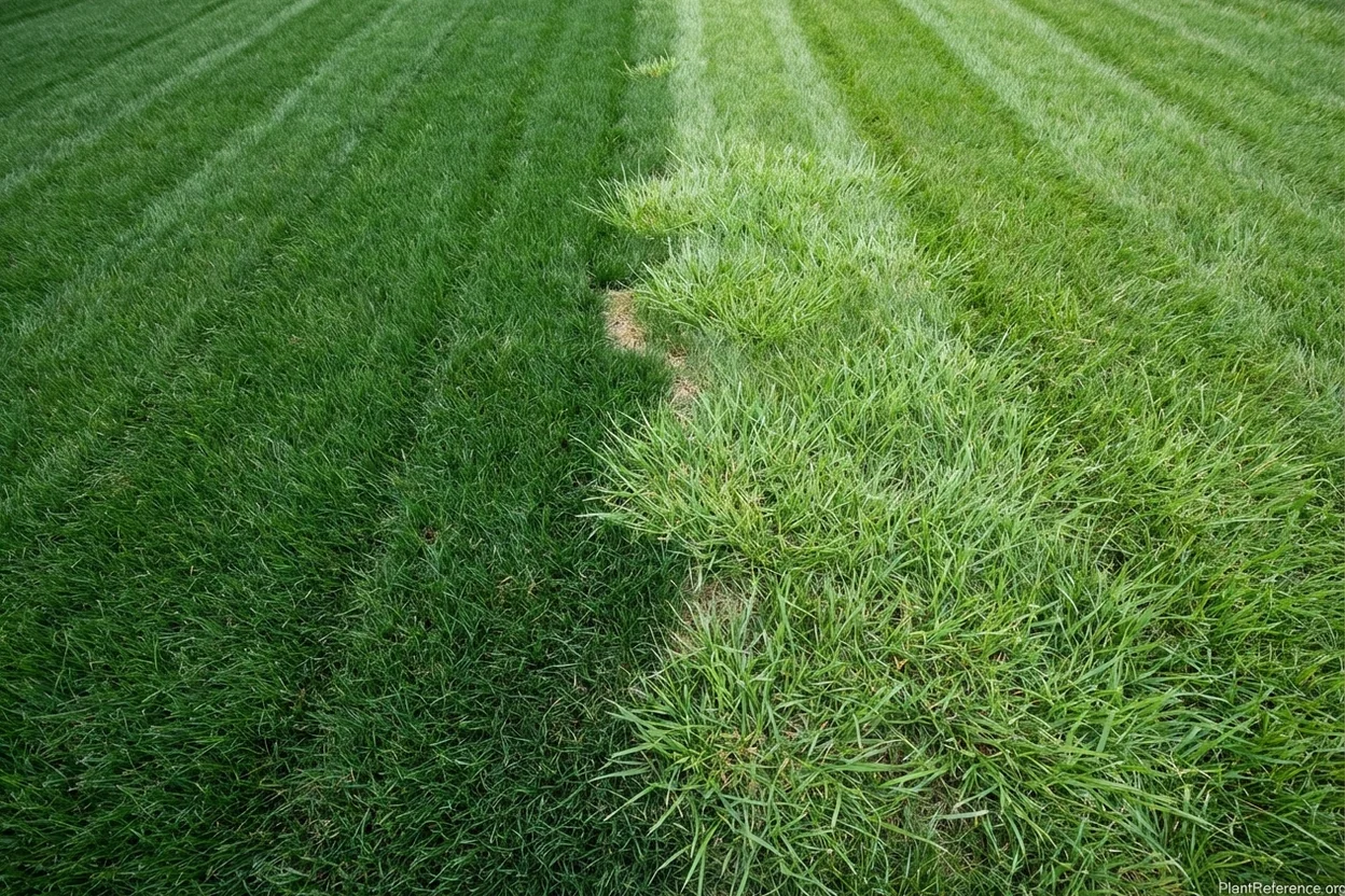 Two different grass species growing in the same lawn showing visible texture and color mismatch