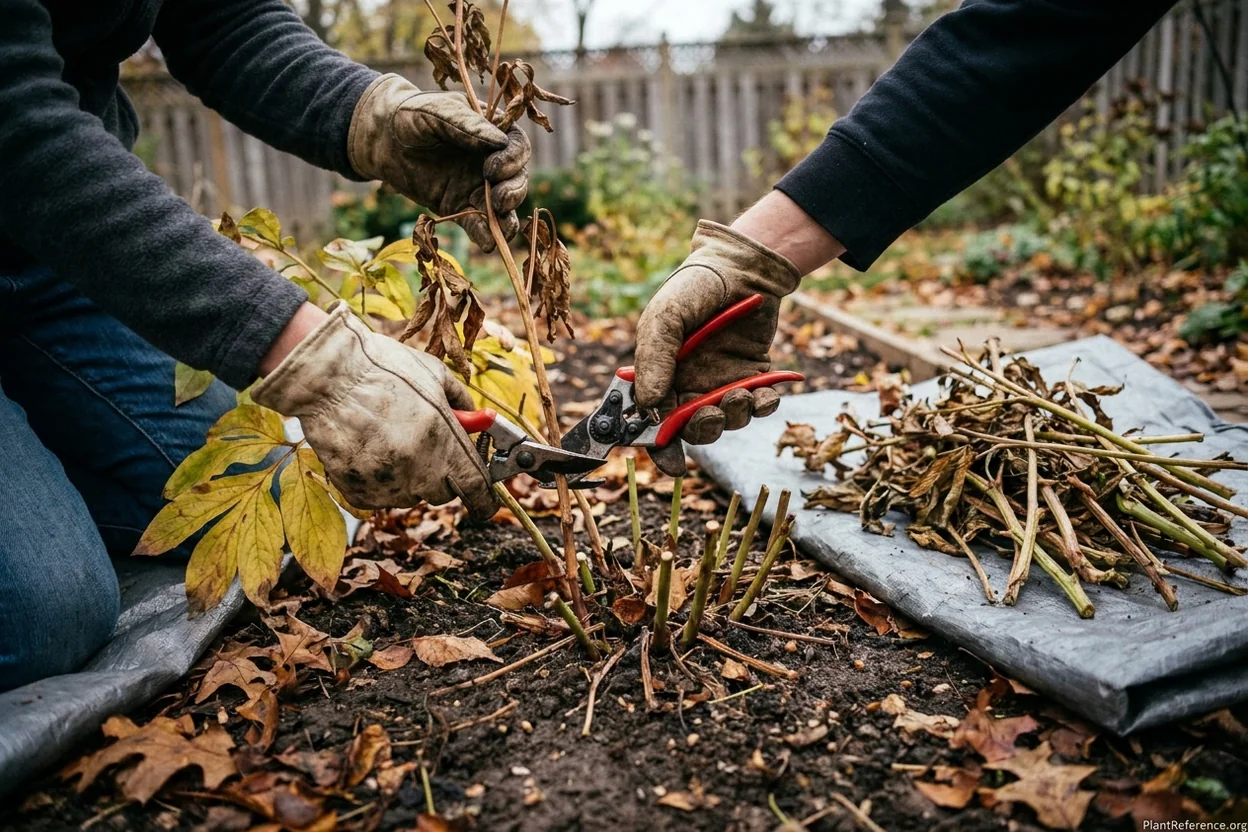 Cutting peony stems back to two inches in fall to prevent botrytis and powdery mildew
