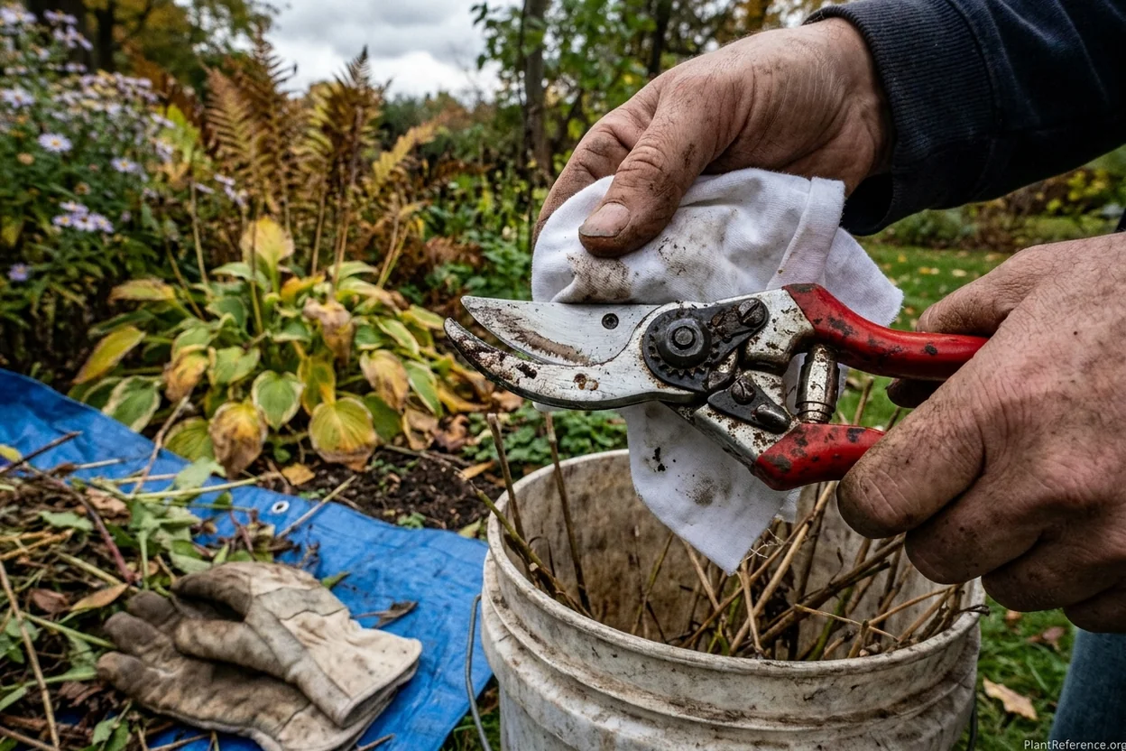 Cleaning bypass pruner blades with alcohol between cutting diseased perennials