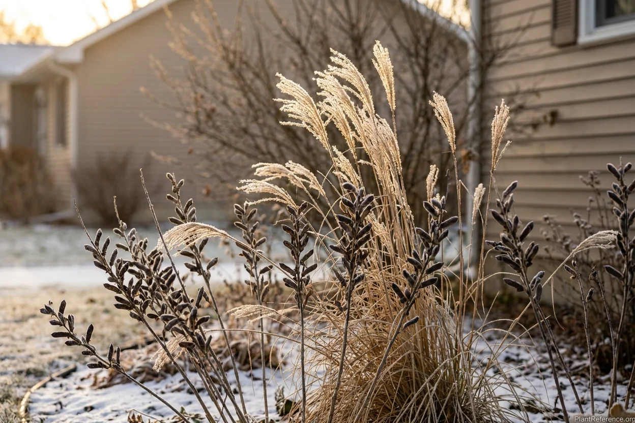 Ornamental grasses and perennial seed heads left standing for winter structure and insulation