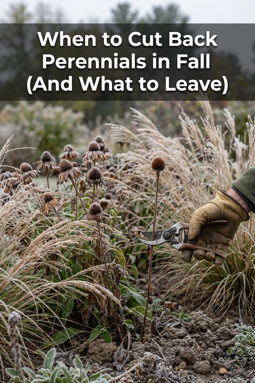 Fall perennial cutting guide showing which perennials to cut back and which to leave standing