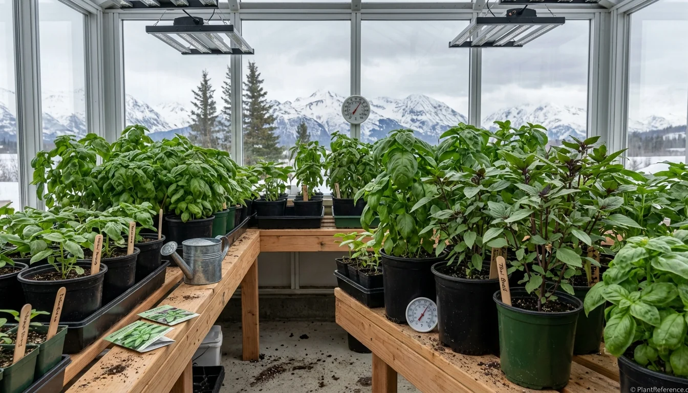 Basil plants growing successfully in Anchorage greenhouse with mountain backdrop showing Alaska growing conditions