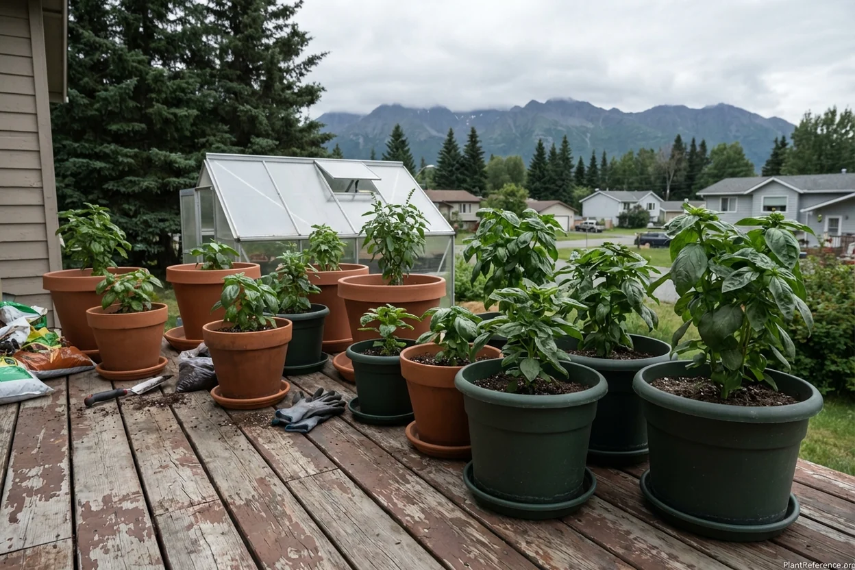 Basil plants in containers on wooden deck with small greenhouse structure in Anchorage backyard