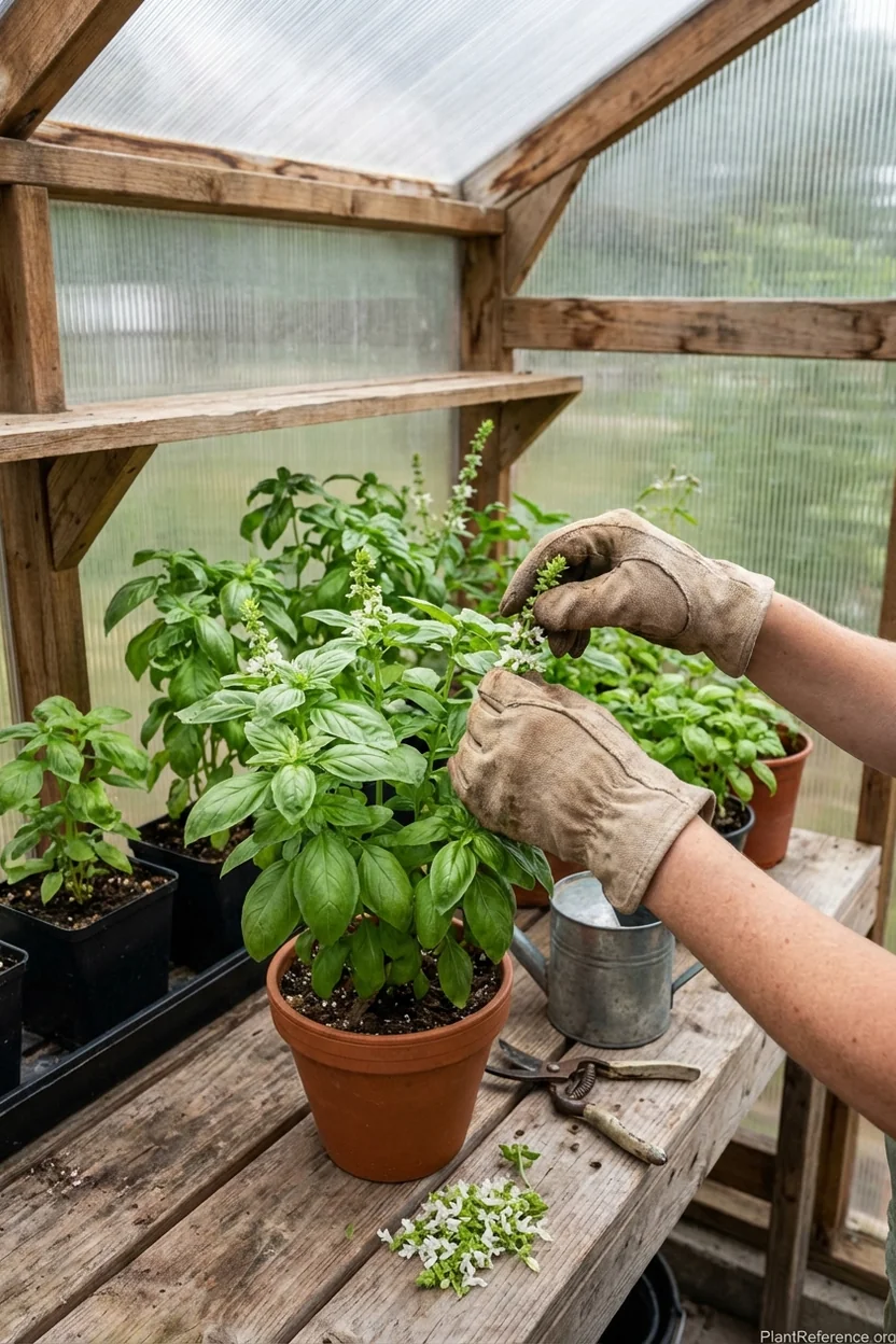 Hands pinching flower buds from basil plant in Anchorage greenhouse to prevent bolting