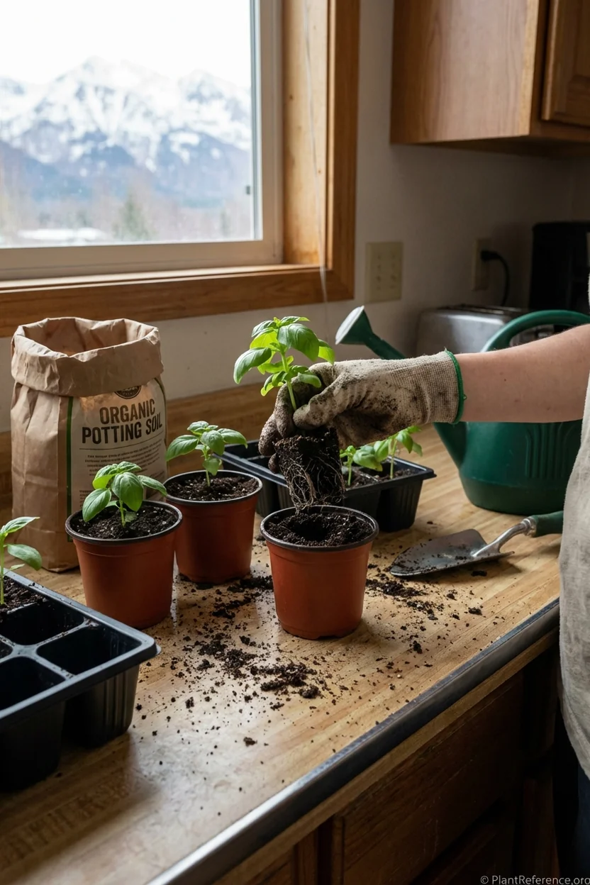 Hands transplanting basil seedlings into individual containers in Anchorage kitchen window with mountain view