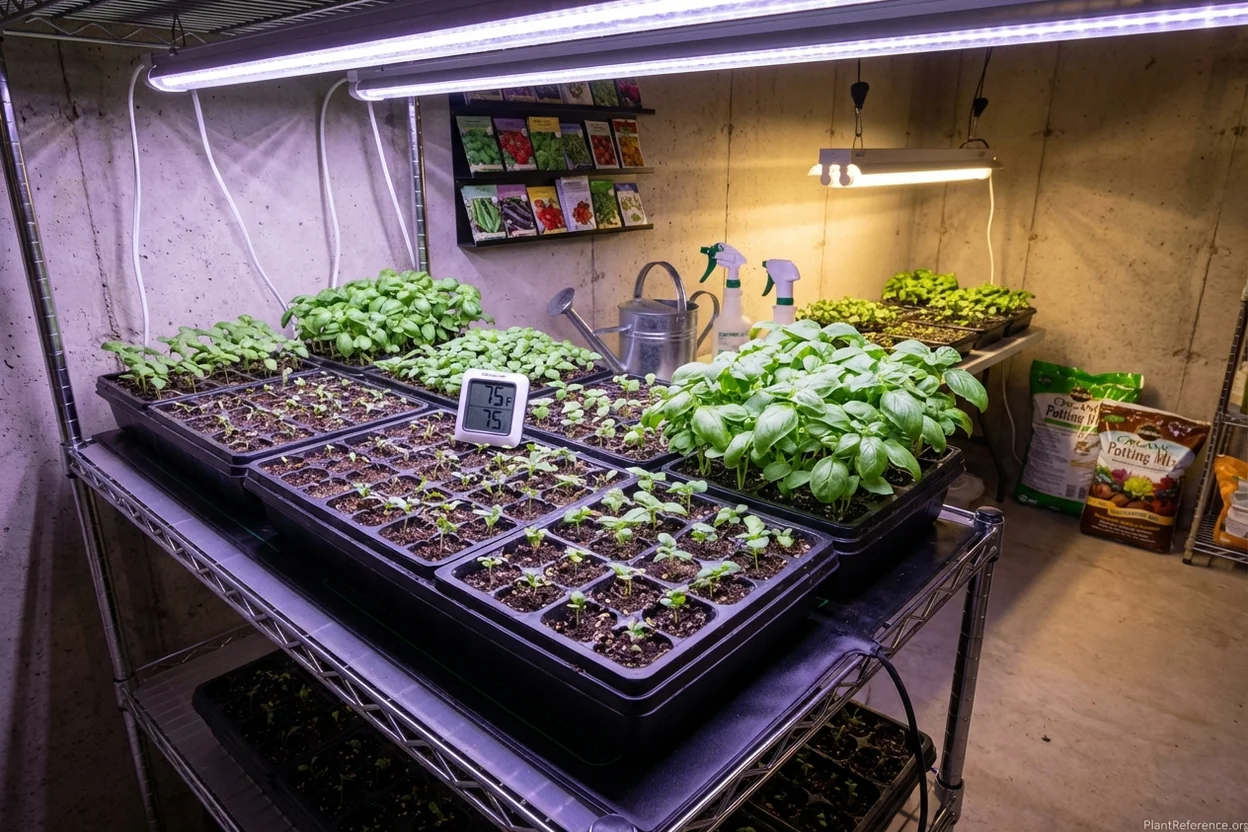 Genovese basil seedlings growing under LED grow lights in Anchorage basement seed starting area