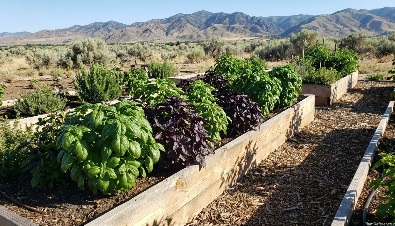 Basil plants growing successfully in Boise Idaho garden with mountain foothills backdrop