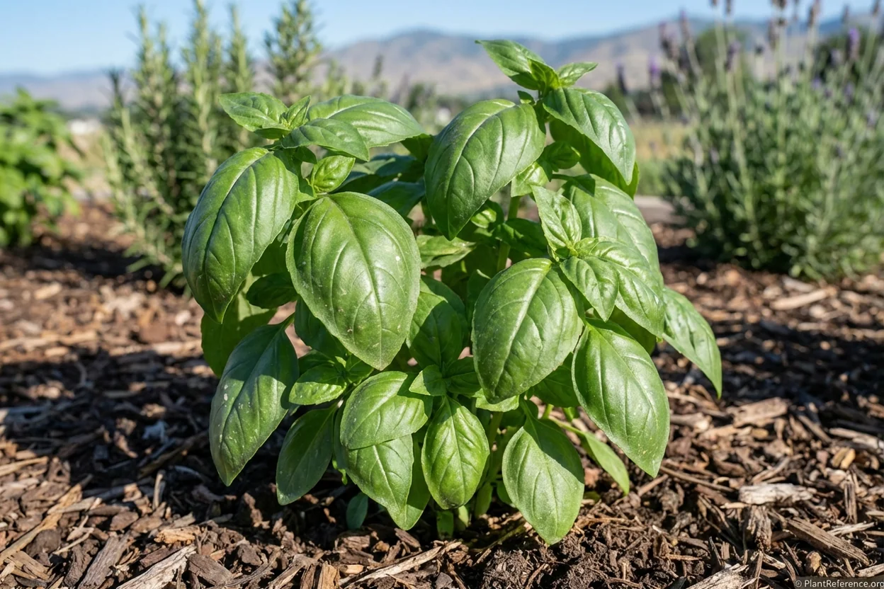 Genovese basil with large green leaves growing successfully in Boise Zone 6a garden
