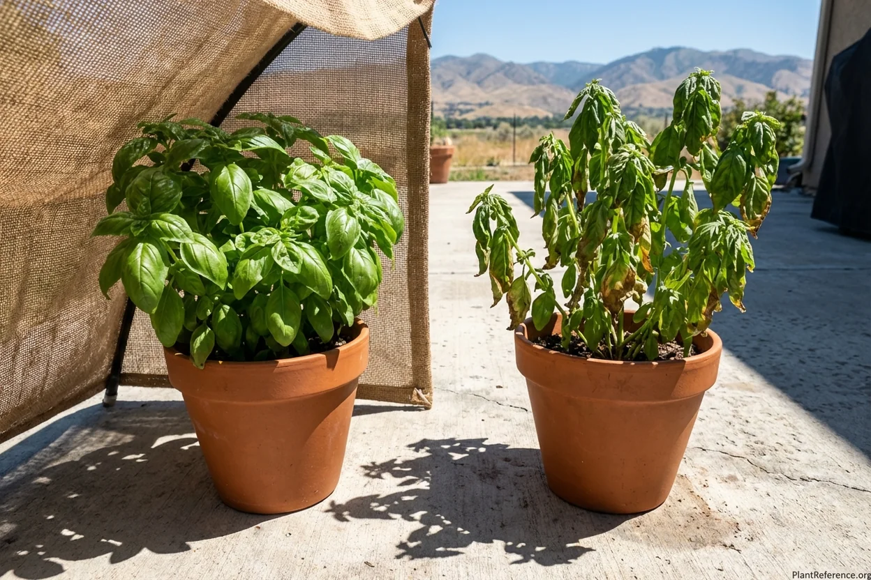 Side by side comparison of healthy basil with shade protection versus heat stressed basil in full Boise sun
