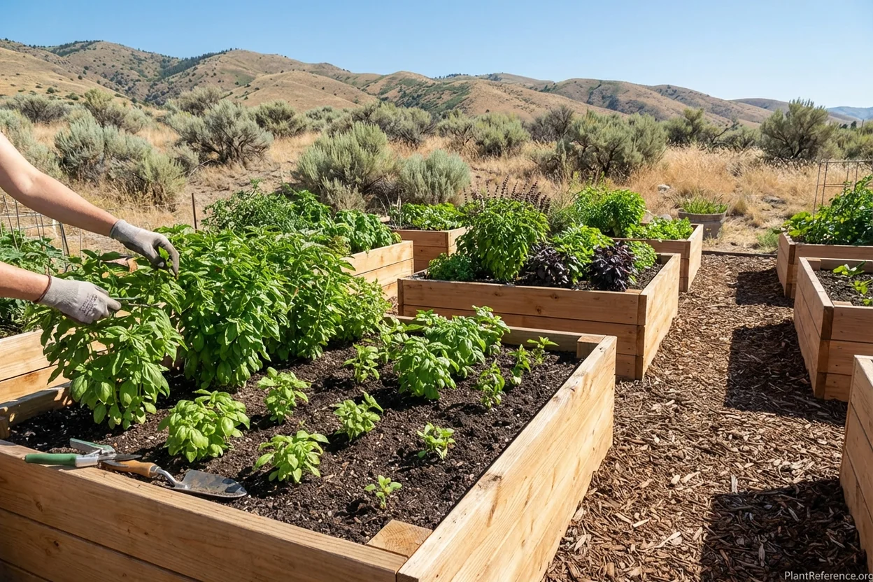 Raised bed garden setup for growing basil in Boise Idaho with proper drainage and mountain views