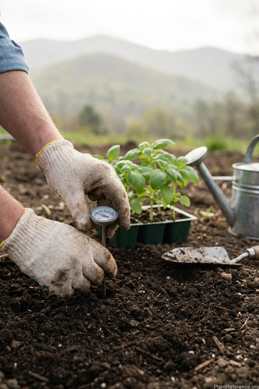 Gardener measuring soil temperature in Boise garden to determine basil planting readiness