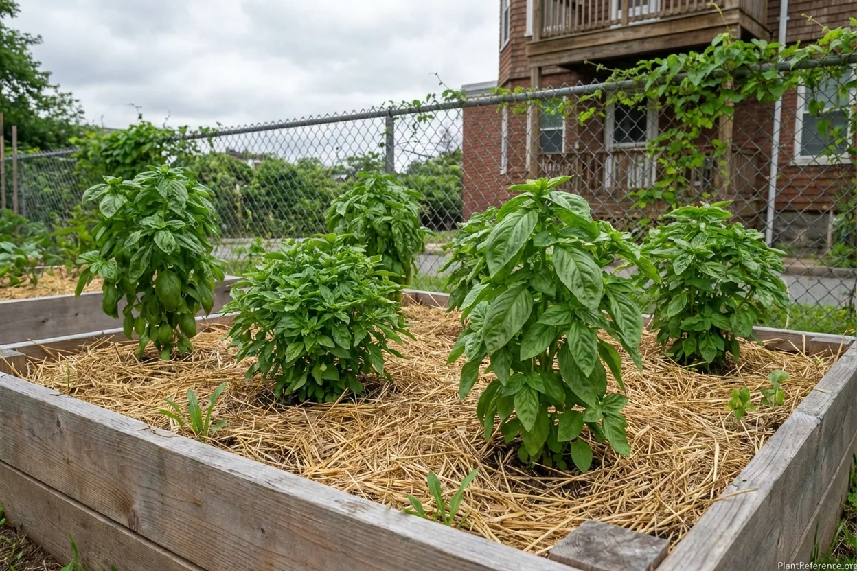 Proper basil plant spacing and organic mulching in Boston Zone 6b garden for healthy growth