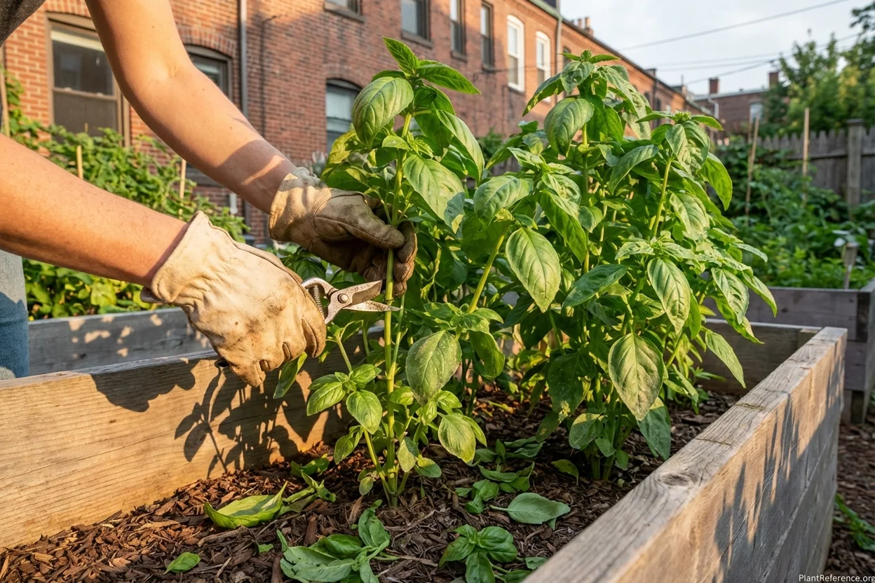 Harvesting Genovese basil in Boston Zone 6b garden showing proper cutting technique for continuous growth