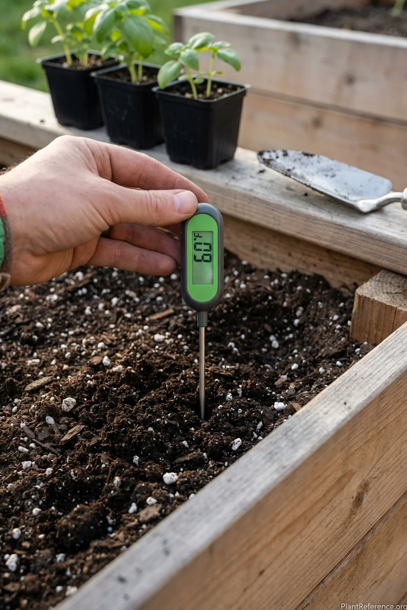 Soil thermometer showing 60°F temperature for safe basil planting in Boston Zone 6b garden