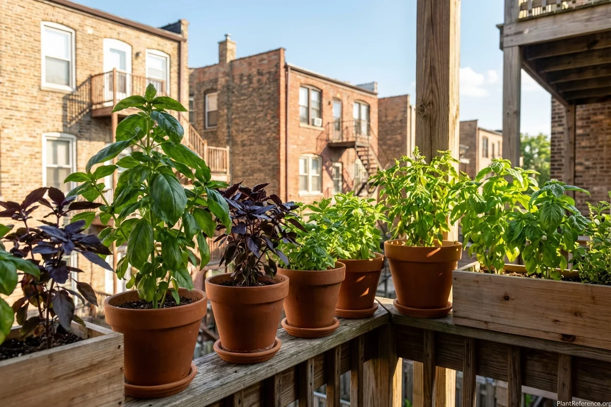 Basil varieties growing in containers on Chicago balcony or patio