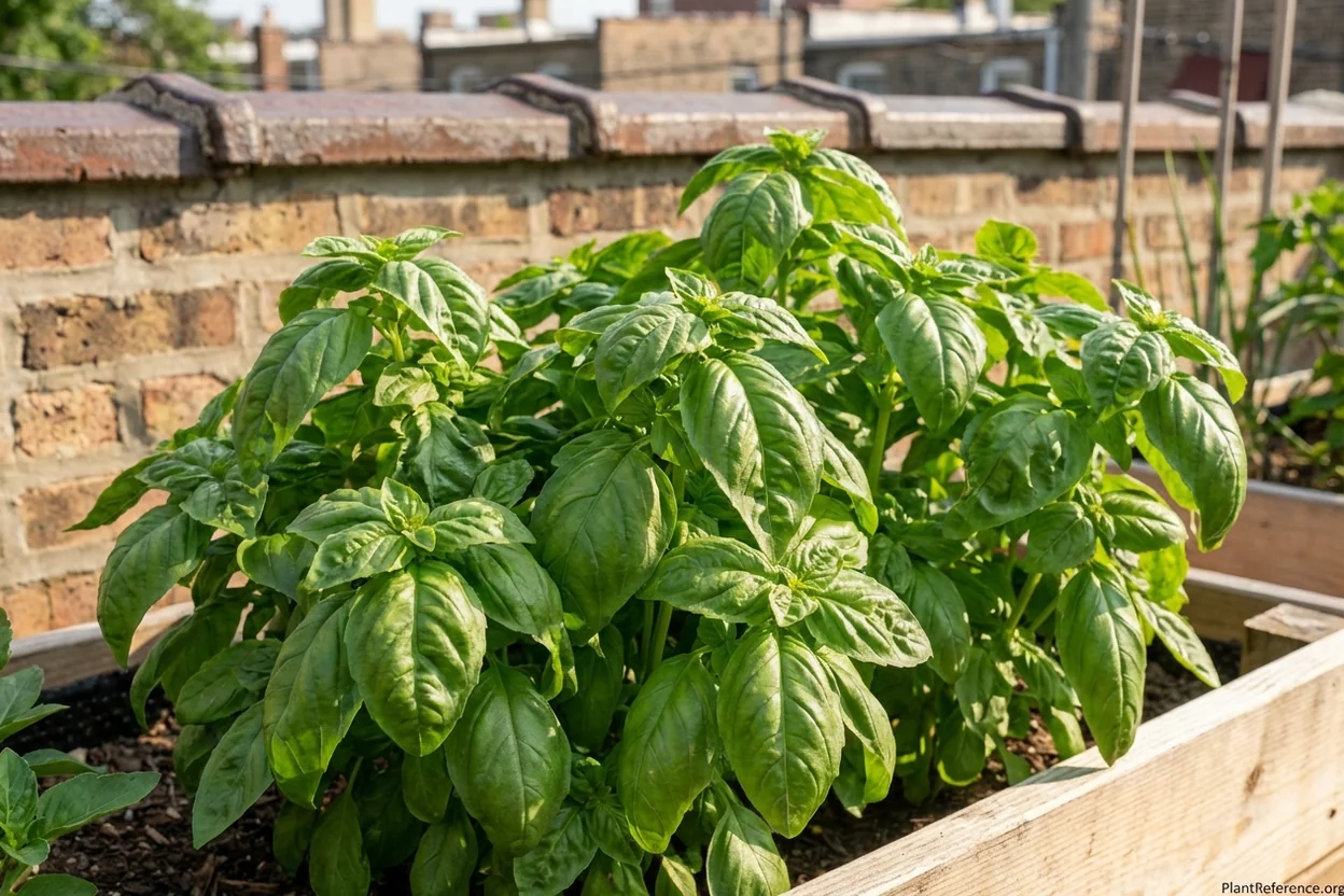 Genovese basil with large aromatic leaves growing in Chicago Zone 6a garden