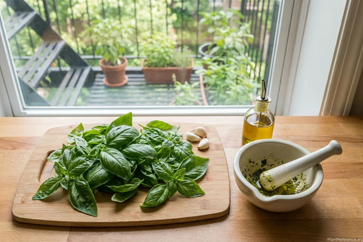 Fresh basil harvest from Chicago garden being processed into pesto