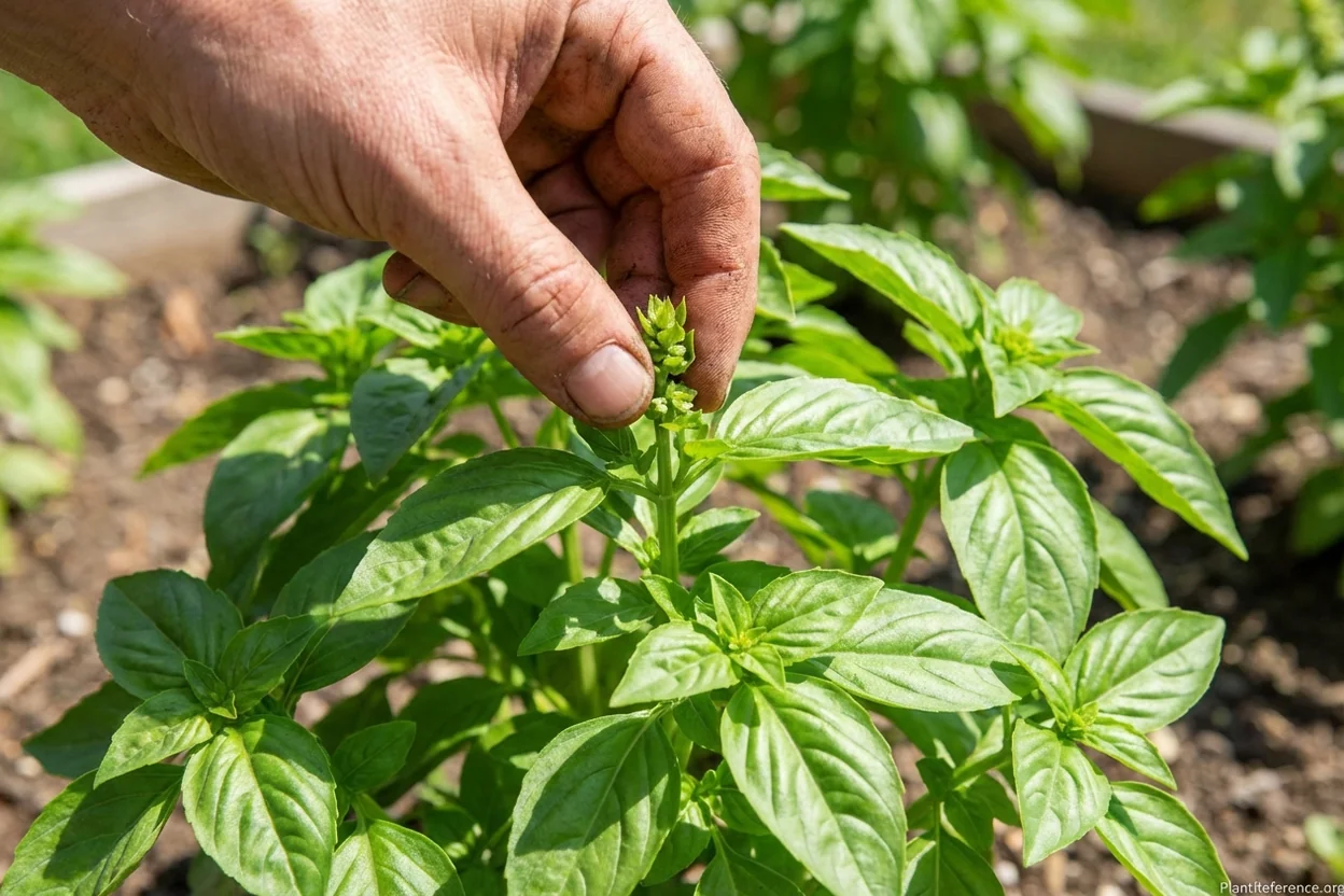 Hands pinching flower buds from basil plant in Chicago Zone 6a garden