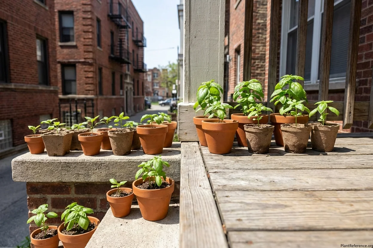 Basil seedlings hardening off on Chicago porch in late May before transplanting