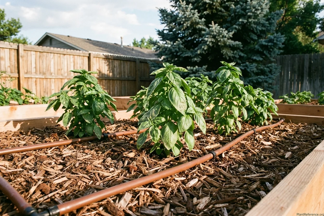 Drip irrigation and organic mulch supporting basil growth in Denver's dry climate