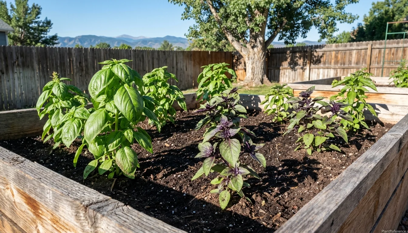 Basil varieties growing in Denver garden with mountain backdrop showing Zone 5a climate