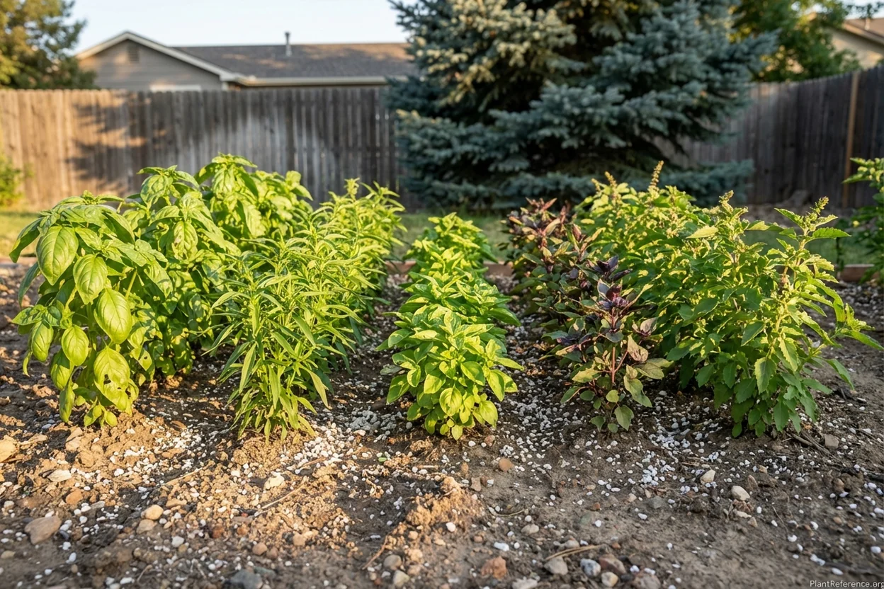 Five basil varieties growing in Denver garden showing adaptation to Zone 5a high altitude conditions