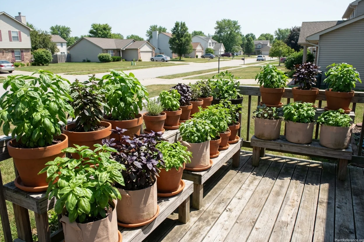 Basil varieties growing in containers on Indianapolis patio in summer