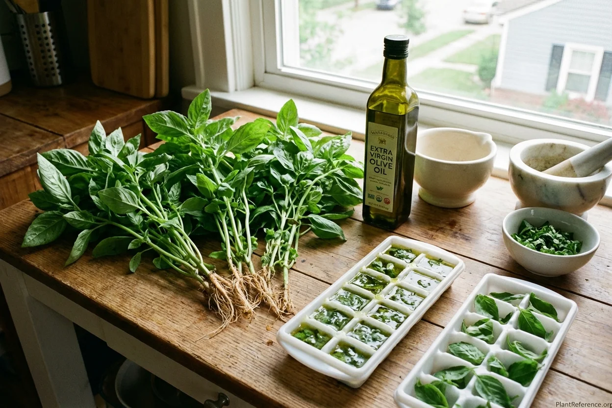 Fresh basil from Indianapolis garden being preserved as frozen pesto cubes