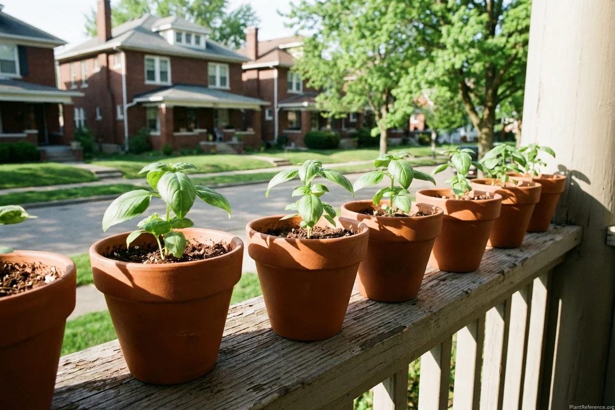 Basil seedlings being hardened off for Indianapolis Zone 5b garden transplanting