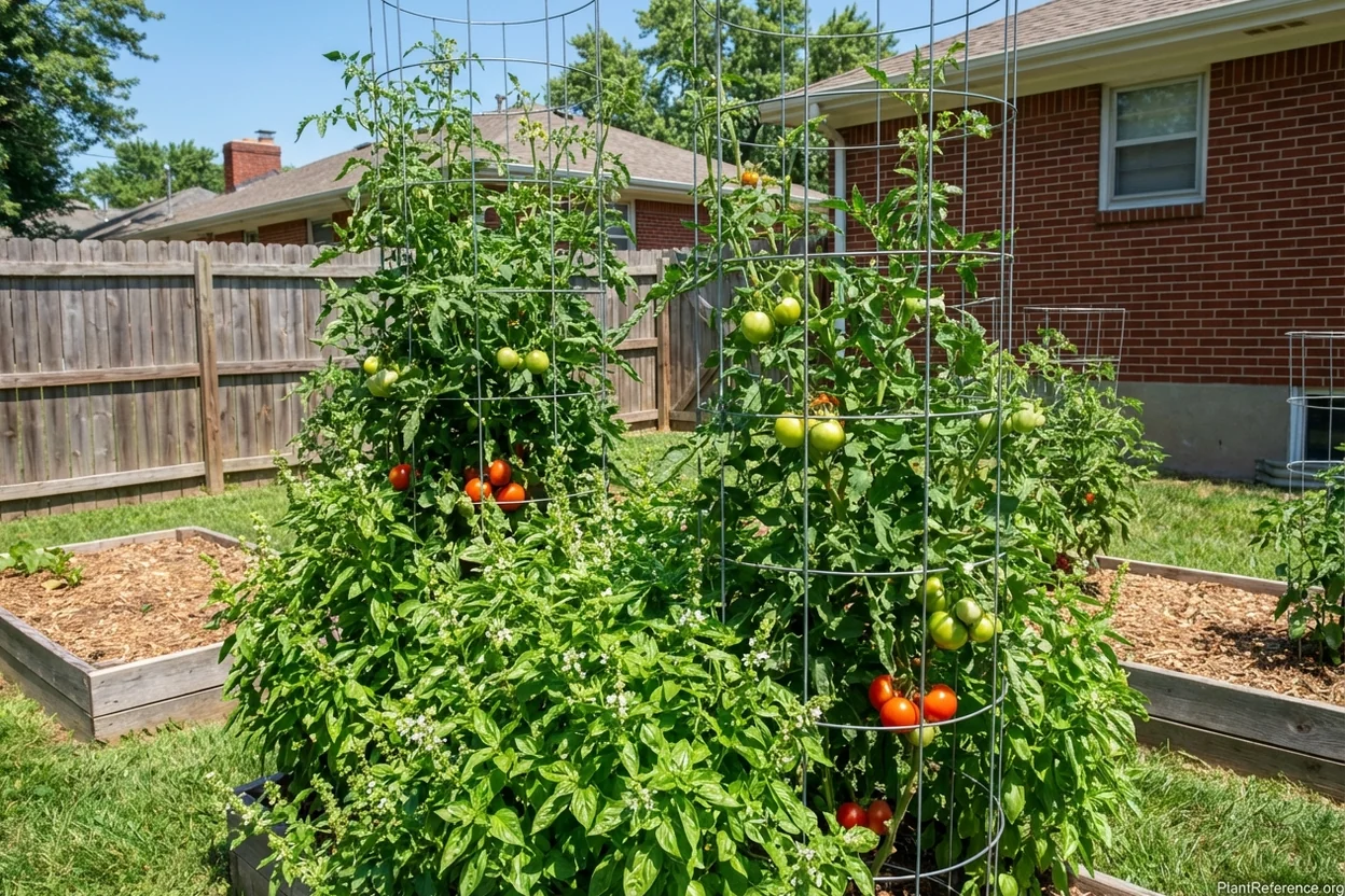 Basil growing with tomatoes in Kansas City Zone 6a garden