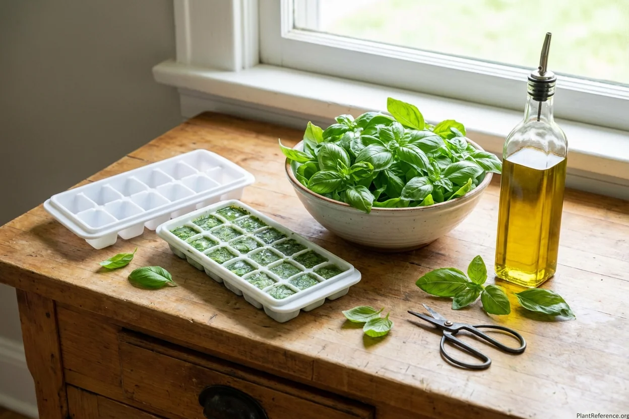 Fresh basil from Kansas City garden being prepared for pesto