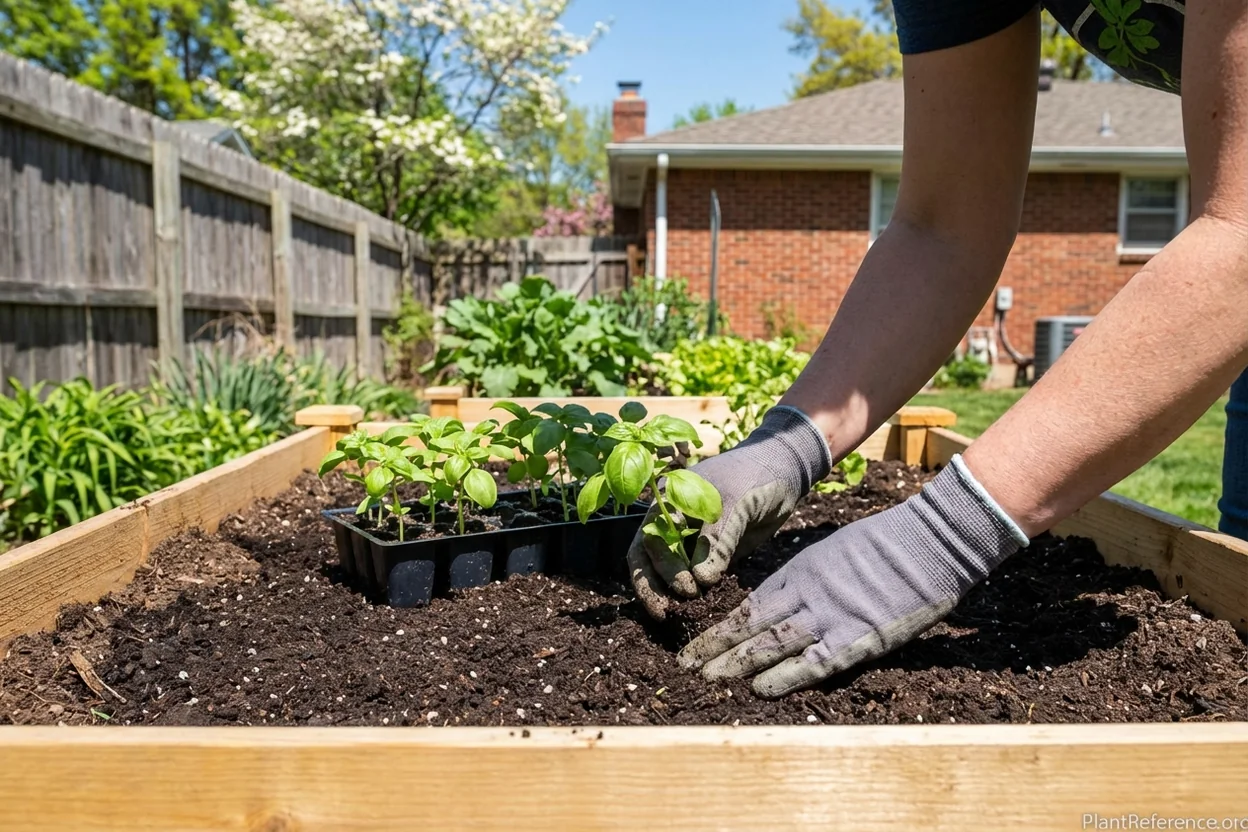 Transplanting basil seedlings in Kansas City Zone 6a garden in early May