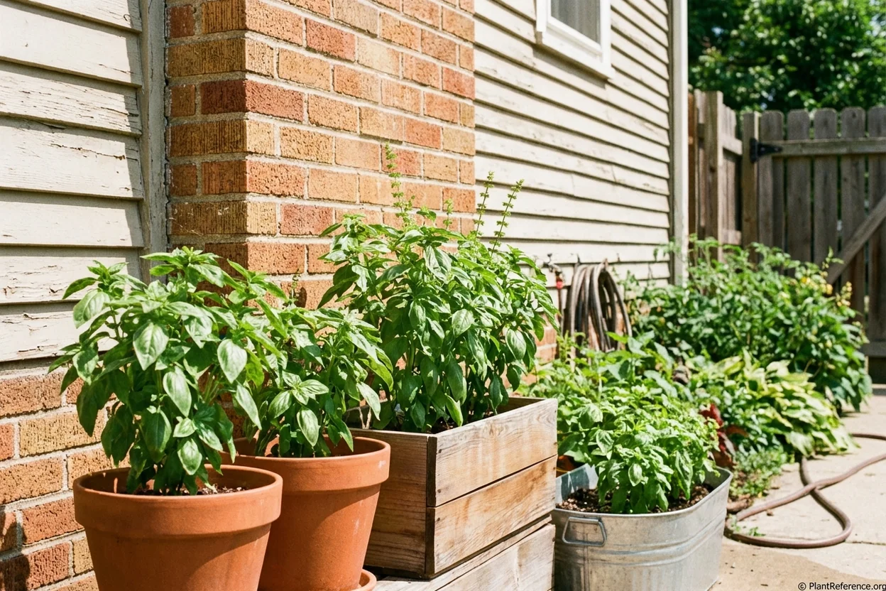 Basil growing in container against warm south-facing wall in Milwaukee