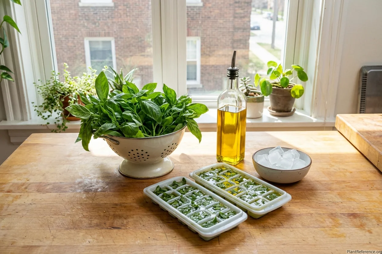 Fresh basil from Milwaukee garden being preserved in olive oil ice cube trays